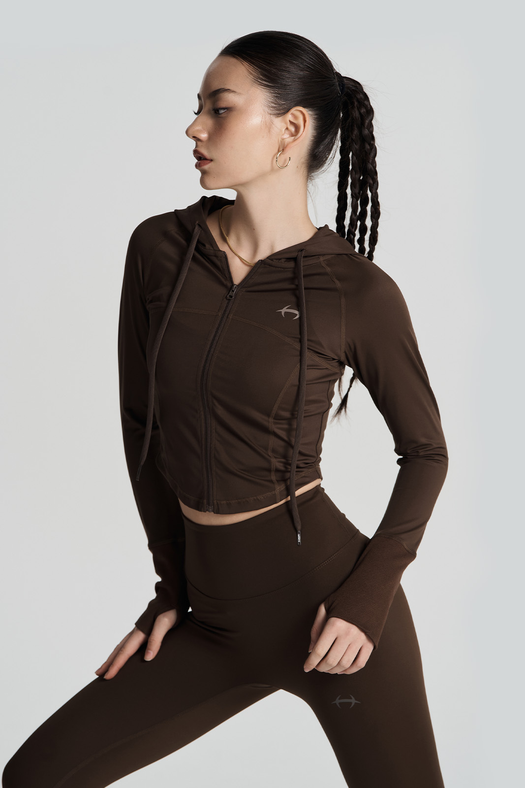 우먼스 플레시블 크롭 후디 집업 (Brown)