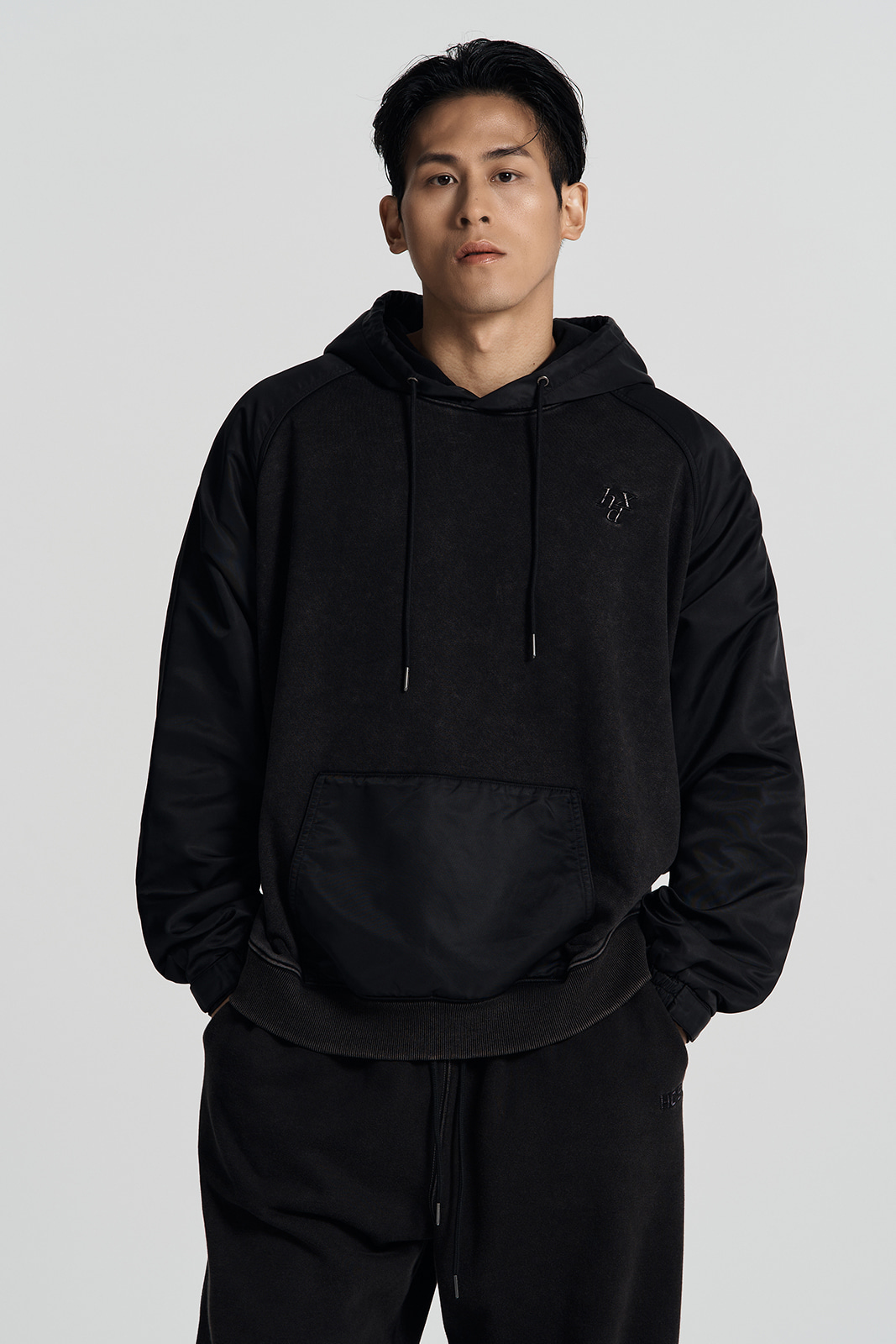 나일론 믹스 페이디드 워싱 후디 (Charcoal)